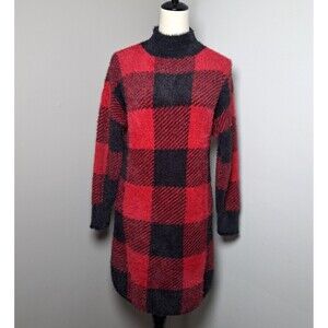 SO Sweater Dress Long Tunic Medium Red Black Buffalo Plaid Fuzzy Knit Cozy Soft